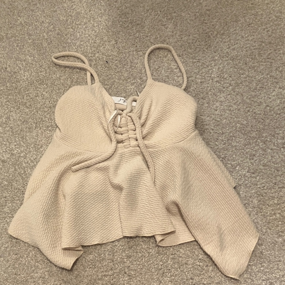 Beige Lace-Up Spaghetti Strap flowy top